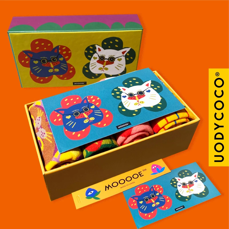 UODYCOCO精梳棉卡通猫咪情侣袜居家动漫中筒袜礼盒套装袜子4双