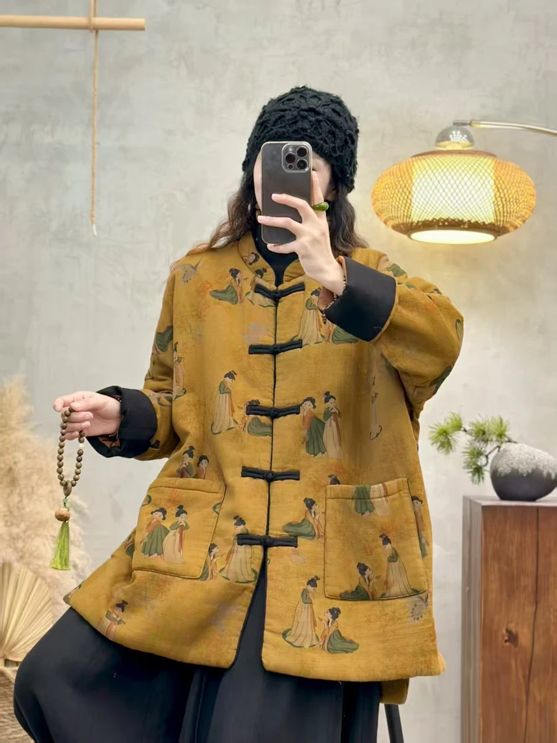复古印花斜纹棉遮肉显瘦厚款立领棉服女中长款休闲棉衣长袖百搭