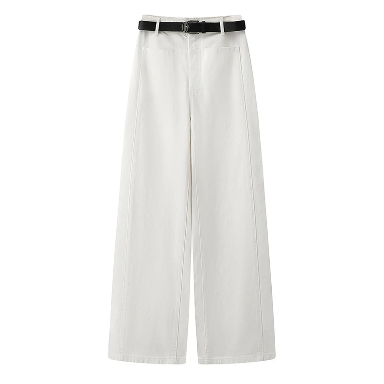 艾家商场同款高腰长裤中腰牛仔裤春夏新款腰带百搭白色江南风3243