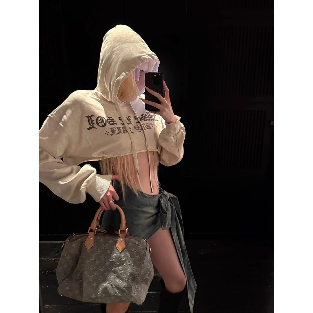 美式灰色短款连帽卫衣薄款设计感上衣  81058