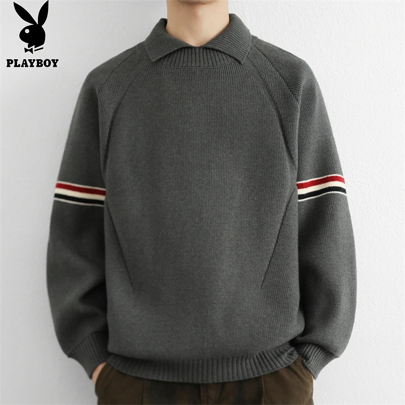 花花公子男士翻领毛衣冬季潮流宽松条纹百搭休闲保暖针织衫上衣男