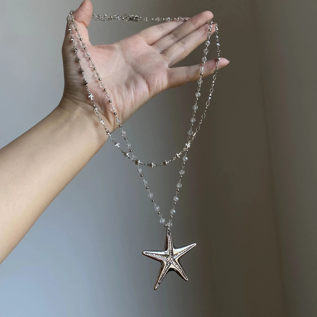铜合金项链 海边度假风双层叠戴海星串珠项链女高级感长款毛衣链