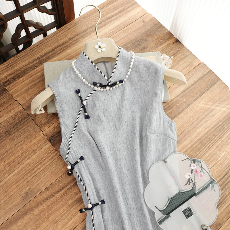 俏娘鱼2025夏季灰色复古新中式无袖旗袍女日常可穿国风素雅年轻款