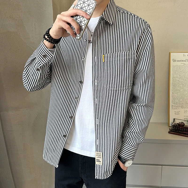 衬衫男长袖春秋季2025新款休闲百搭男装秋装痞帅条纹衬衣外套