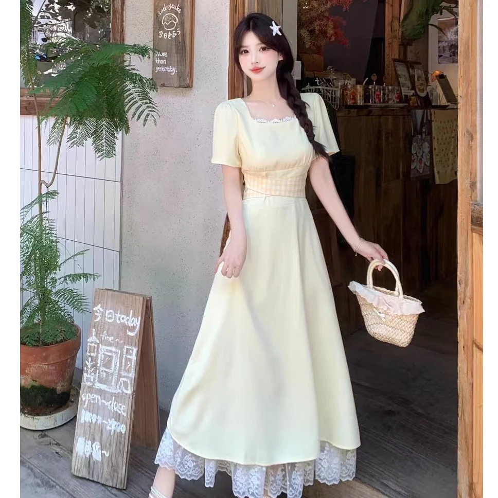 （80-200斤）大码夏季新款时尚气质蕾丝拼接方领连衣裙显瘦裙子1822