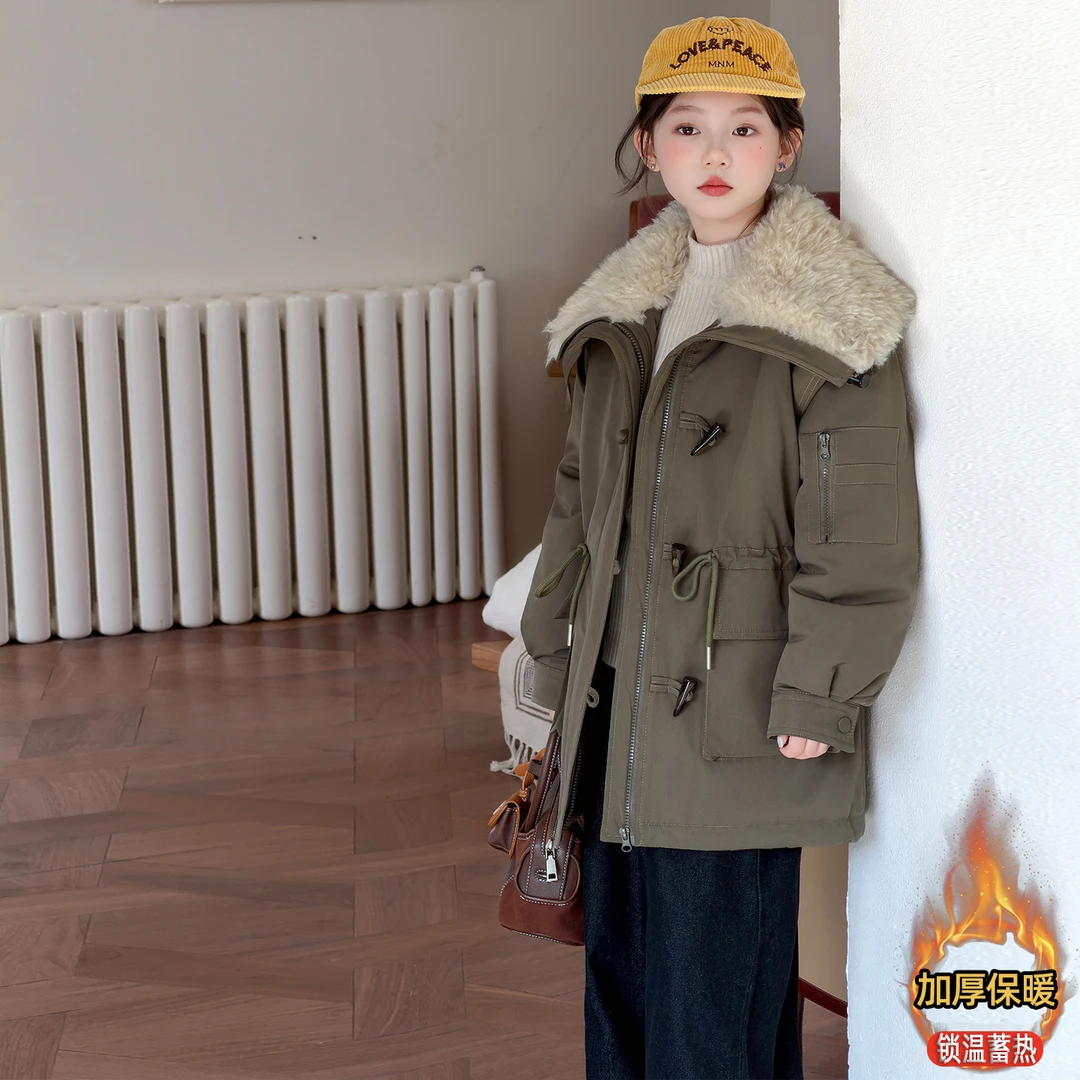 女童冬季加棉派克服2025新款儿童中长款牛角扣大毛领加厚风衣外套