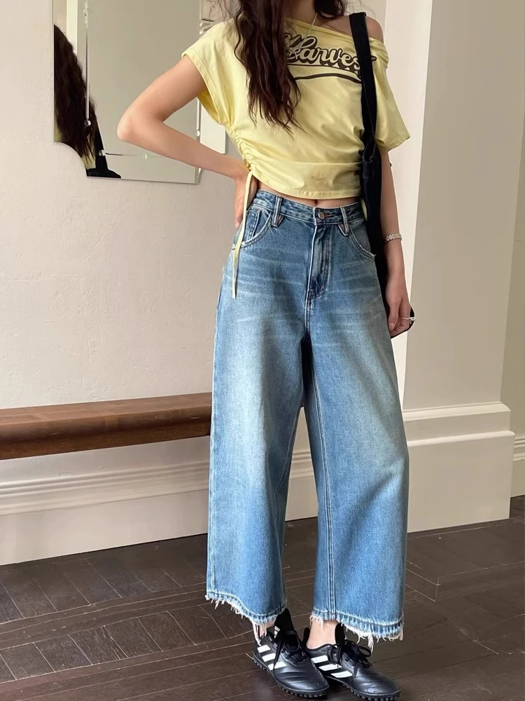 时尚百搭蓝色直筒牛仔裤女2025年春季新款无弹高腰九分阔腿裤ins