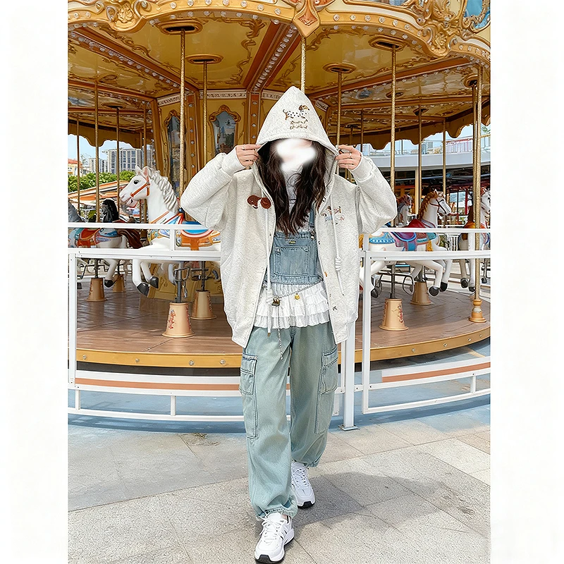 美式复古连帽刺绣立体小狗卫衣男女特大码300斤情侣开衫外套设计