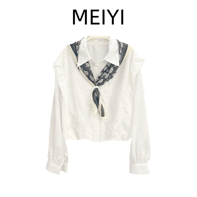 法式设计感休闲百搭丝巾长袖短款衬衫女秋季新款气质宽松显瘦上衣