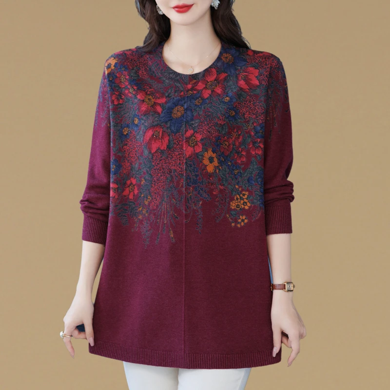 大码女装中年妈妈中长款印花洋气毛衣秋冬2025新款宽松针织打底衫