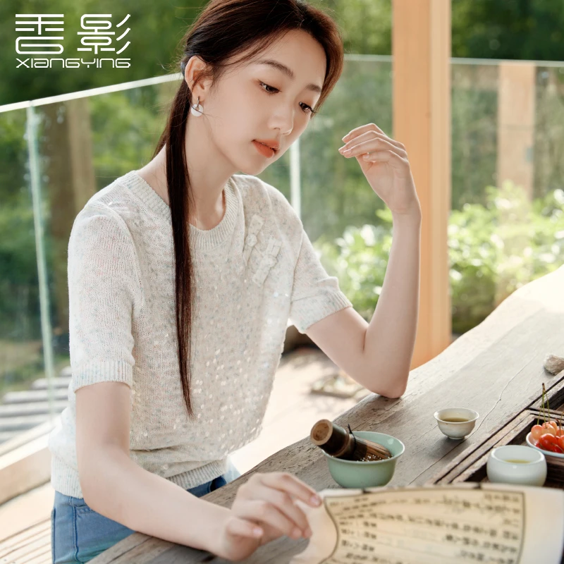 【直播专享】N843026毛针织衫 香影新中式国风薄针织衫女短袖夏季