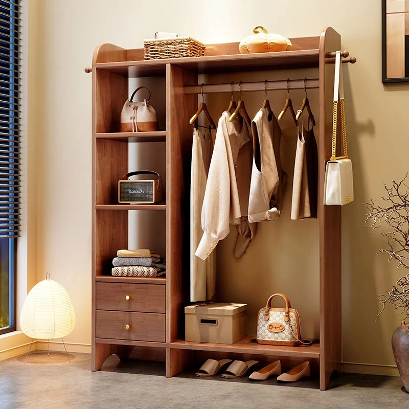 实木衣帽架落地卧室家用挂衣架抽屉置物架房间多功能收纳衣服一HG
