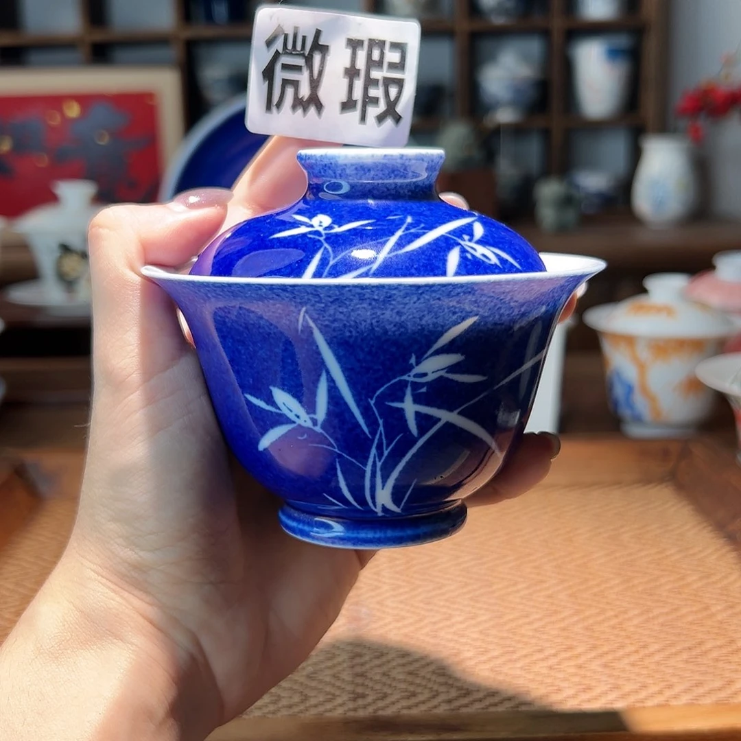 【闪购商品】微瑕 手绘 洒蓝 盖碗