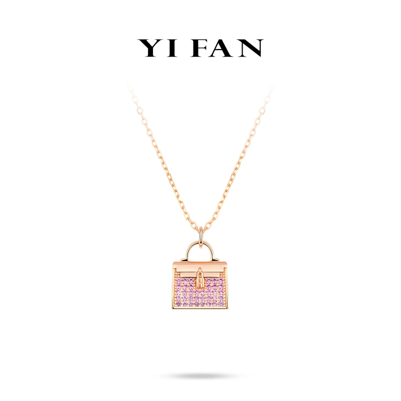 吊坠925银合成锆石 20396-玫金色满钻包包豪镶百搭项链