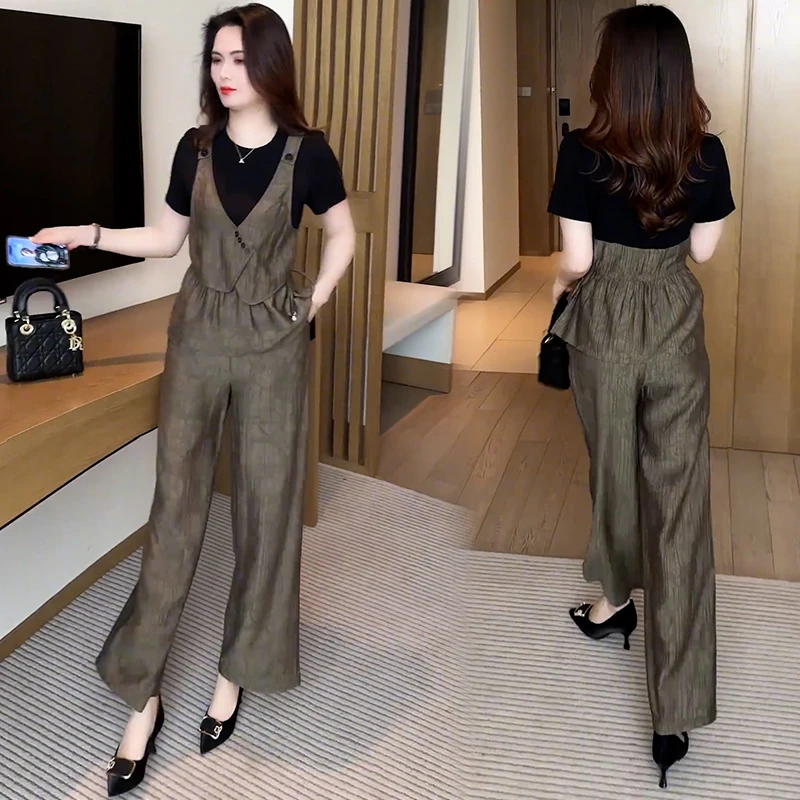 时尚套装女2025夏季新款洋气显瘦短袖上衣阔腿裤休闲两件套