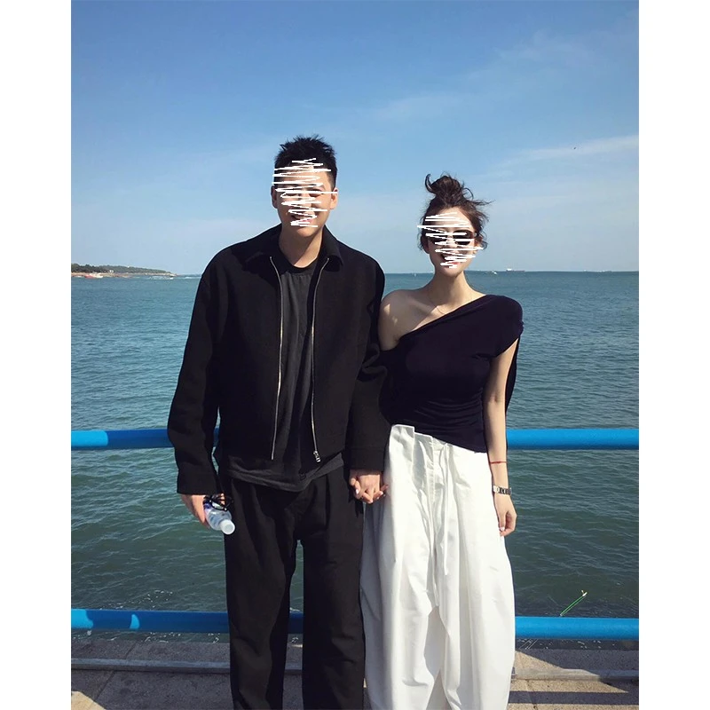 2025秋夏季新款修身显瘦气质时尚斜肩飘带上衣休闲简约宽松长裤女