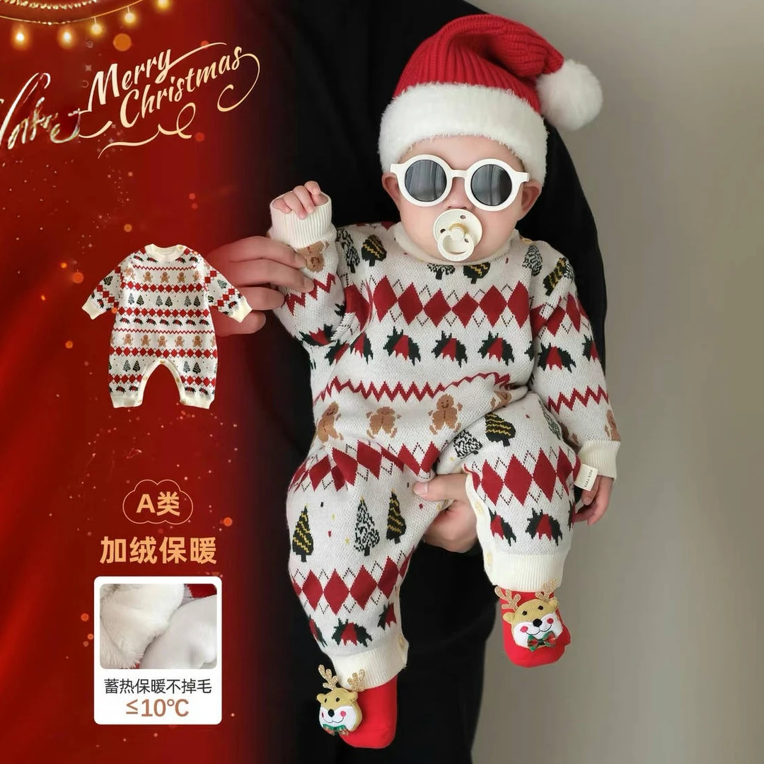 提花针织婴儿衣服拜年服加绒新年加厚爬服连体衣宝宝过年服潮新款