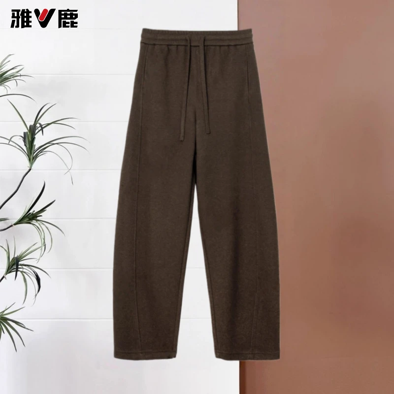 雅鹿加绒弯刀裤阔腿女2025秋冬新款高腰休闲宽冬季条纹垂感休闲裤