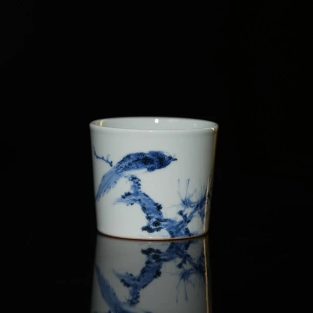 五云随安青花绶带鸟直口杯花鸟主人杯茶杯
