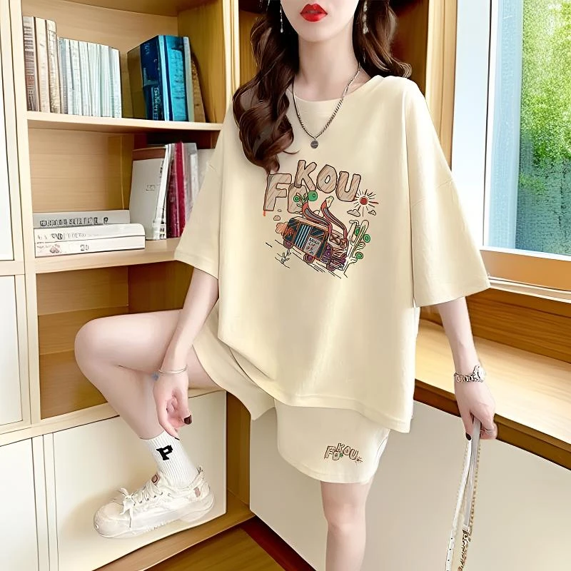 卡通印花大码休闲运动套装女夏季新款洋气宽松显瘦短袖短裤两件套