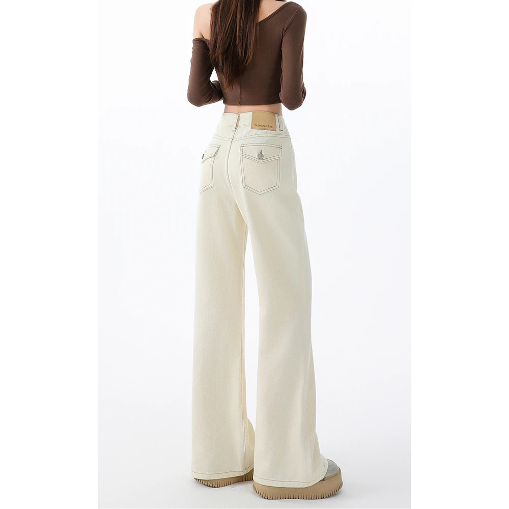 米白色不贴腿微喇牛仔裤女秋季新款高腰修身阔腿显瘦直筒喇叭裤子