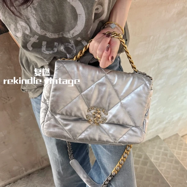 95新 Chanel/香奈儿 复燃精选/银色19bag鸳鸯链条斜挎包芯片款