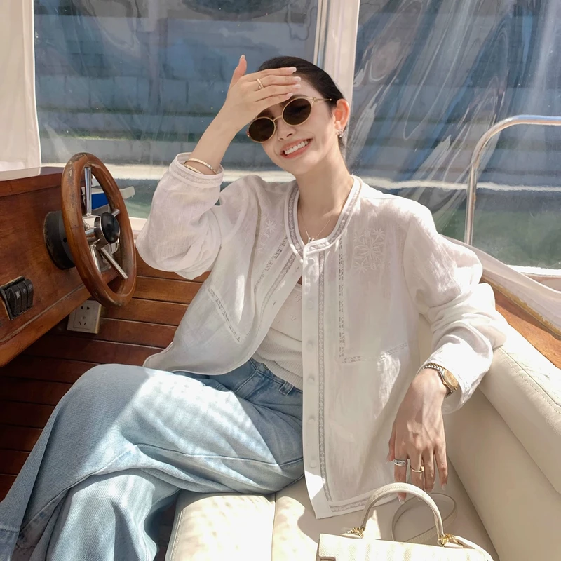 "Oxygen波嬉小白花"100亚麻轻盈温柔美!手工感民族风刺绣蕾丝小衫