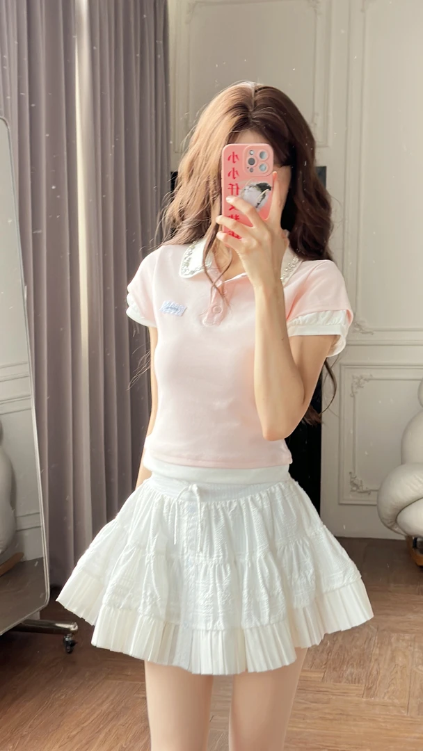 小小仟粉蓝灰拼接假两件Polo水钻领白色短袖韩版弹力T恤上衣半裙