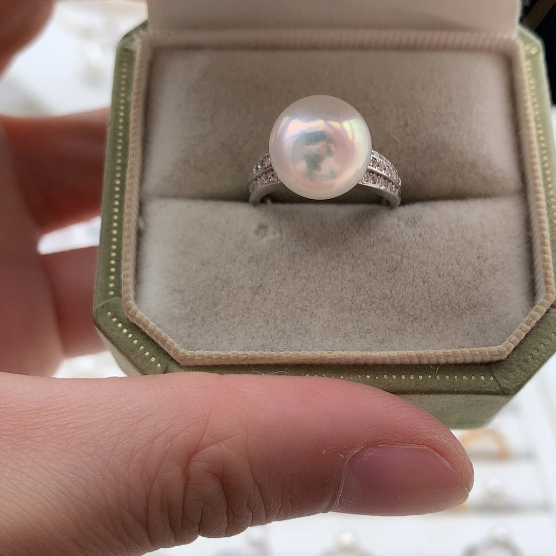 银S925镶嵌淡水珍珠戒指11-12mm