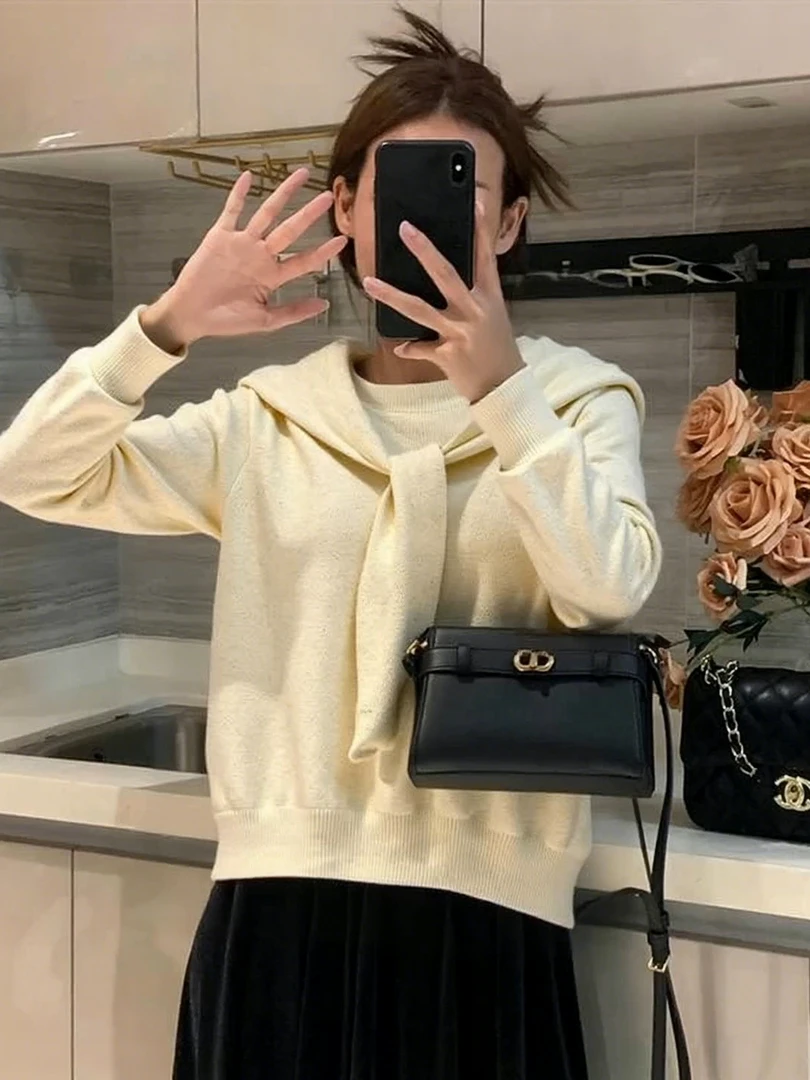 慵懒高级感披肩飘带长袖针织衫女2025秋季新款宽松显瘦单穿小上衣