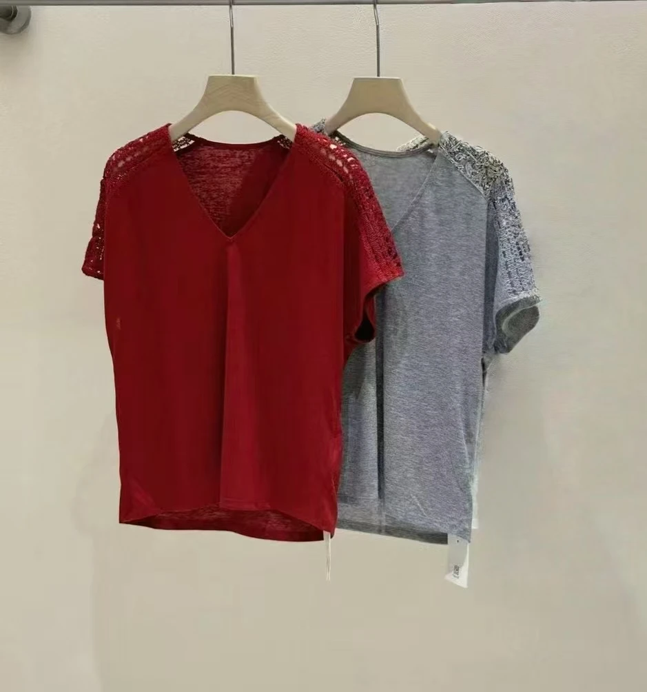 【兰帝专属】蕾丝亚麻V领T恤96135