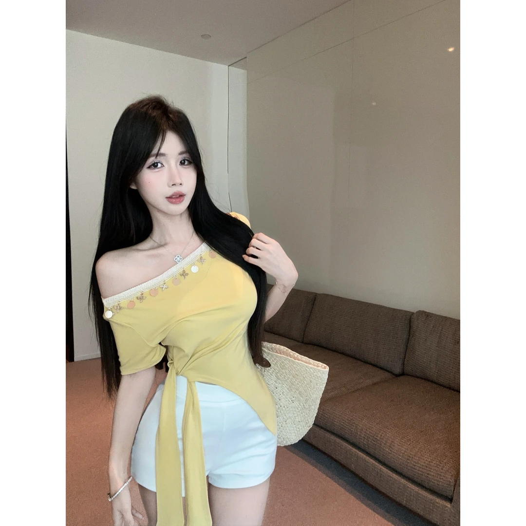 纯欲风一字领不规则百搭T恤夏显瘦开叉系带短袖宽松设计感上衣女