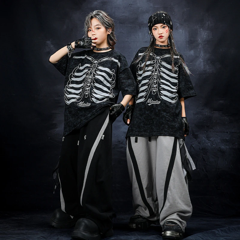 儿童街舞潮服嘻哈男童黑色肋骨短袖舞蹈服装套装hiphop女童演出服