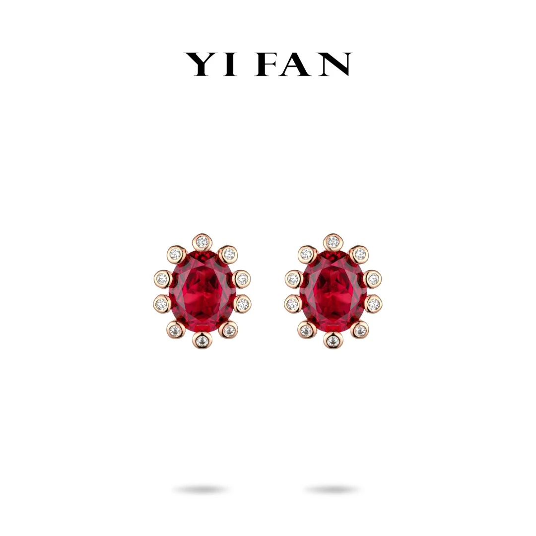 925银合成锆石耳饰 3518-红椭圆圆形繁星点点豪镶百搭耳环