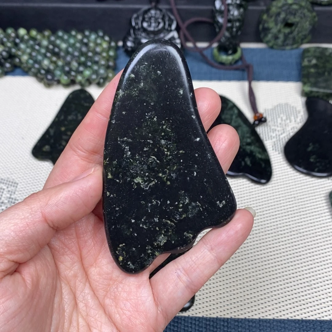 用***3蛇纹石玉未镶嵌药王石刮板黑包公金花精品