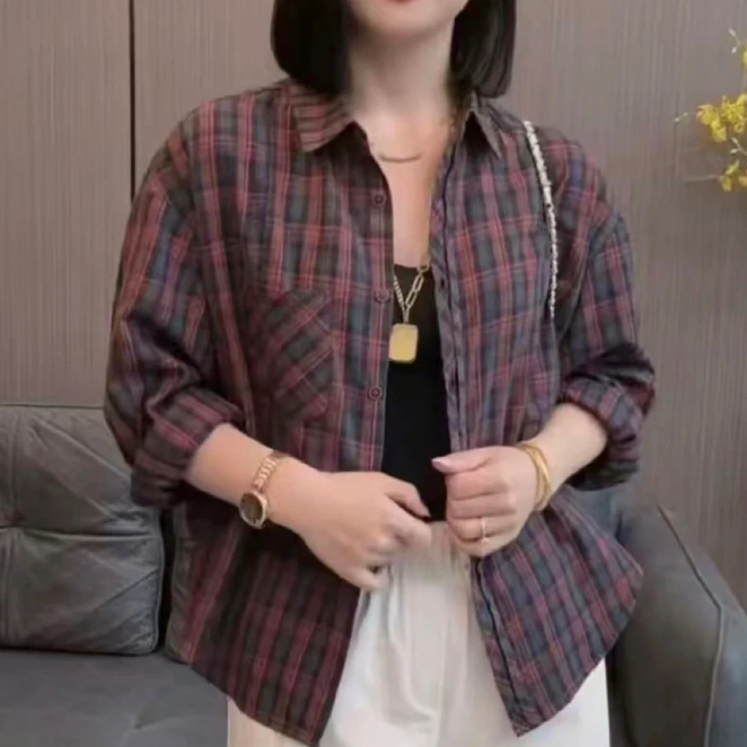（现货）新款女士秋季长袖休闲衬衫宽松显瘦减龄百搭格子衬衣862