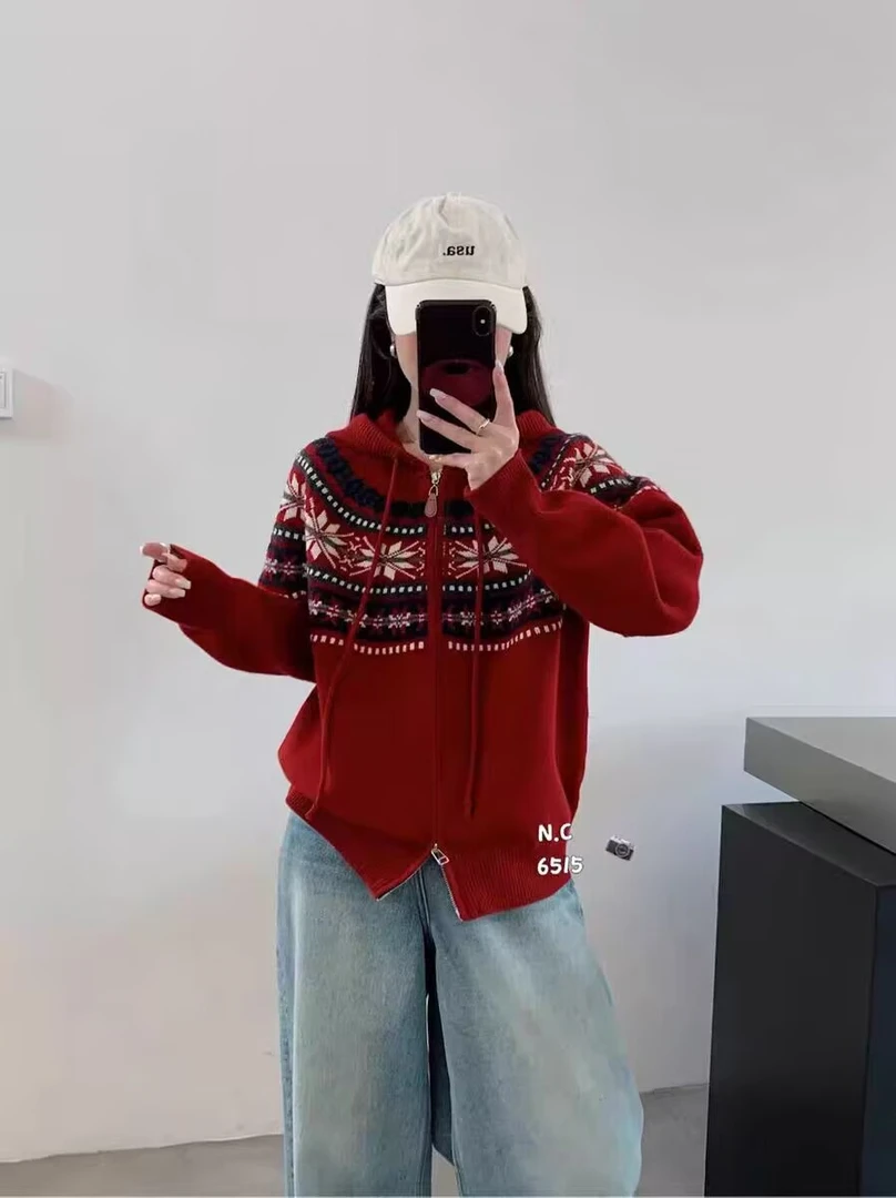 连帽提花复古慵懒风时尚百搭针织开衫女秋冬新款加厚毛衣外套女