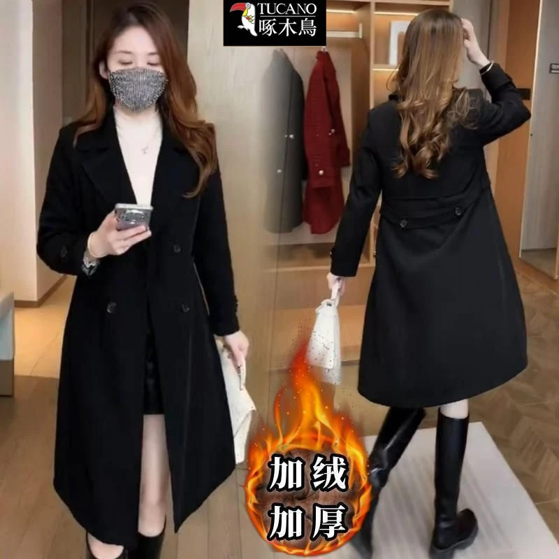 啄木鸟正品新款时尚韩版中长款西装领外套加绒秋冬保暖纯色风衣女