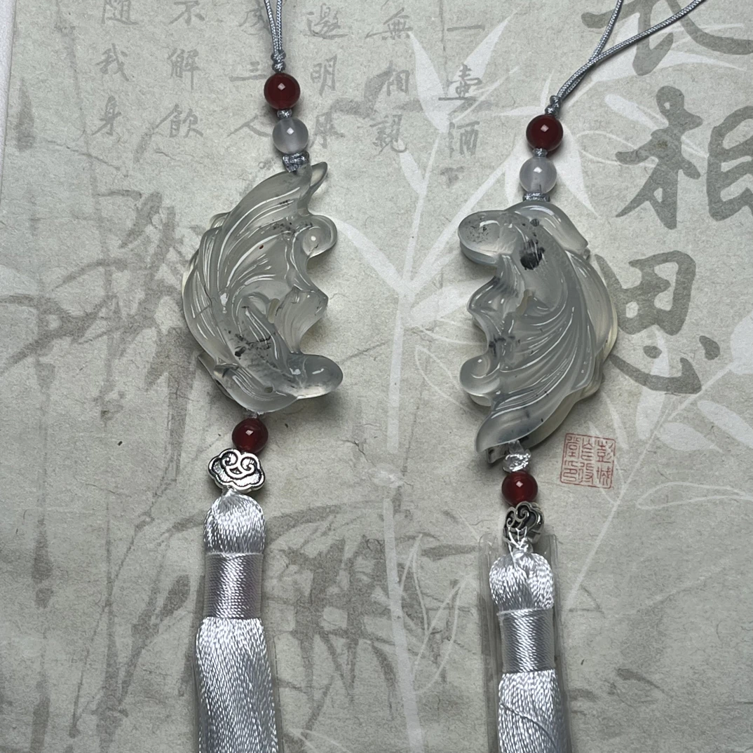 国风#玉佩纯天然岫玉水墨料对鱼，情侣款，旗袍压襟，尺寸高辽宁岫玉