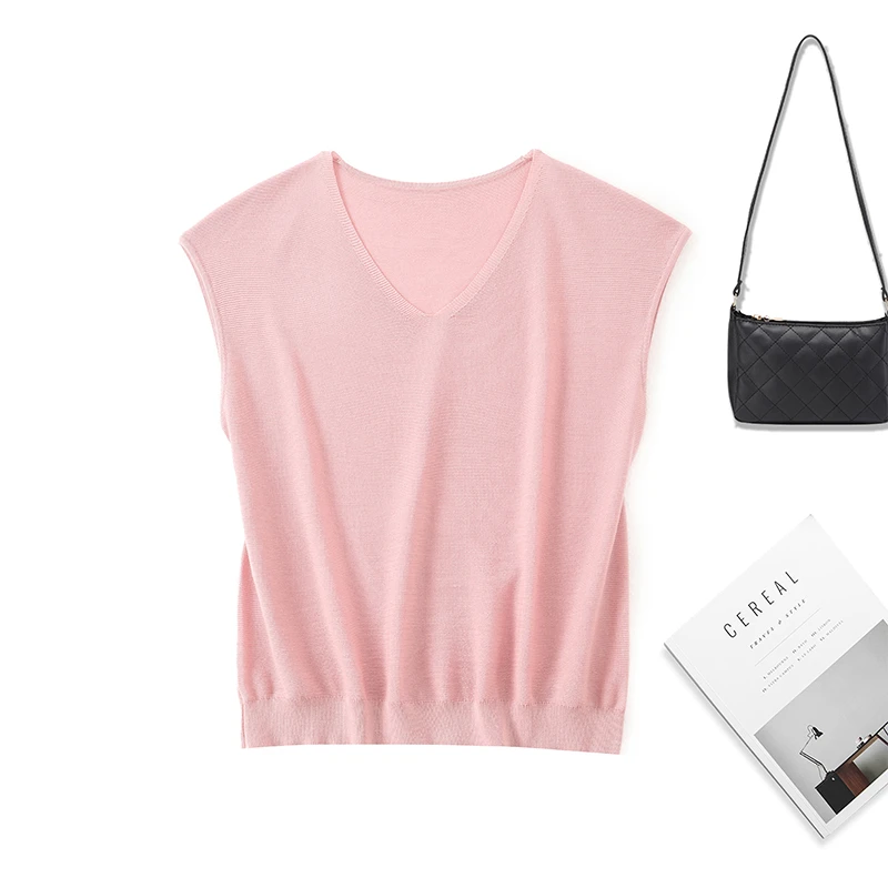 清爽~含醋酸2025春夏季新款休闲百搭T恤女无袖V领女士