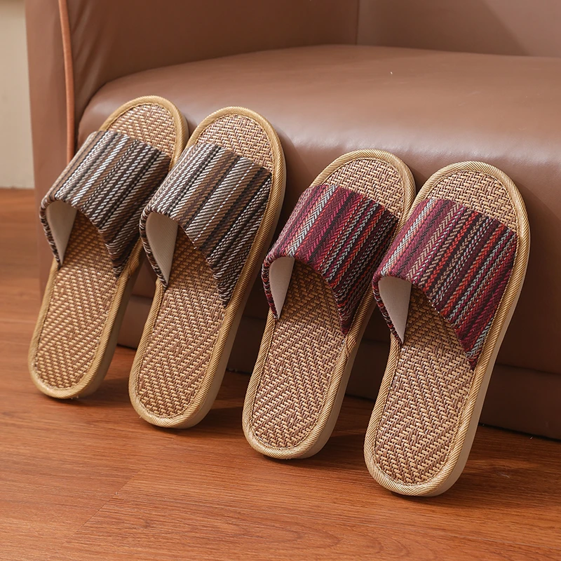 日式亚麻拖鞋女复古居家夏季室内家用情侣防滑底吸汗月子藤草拖鞋
