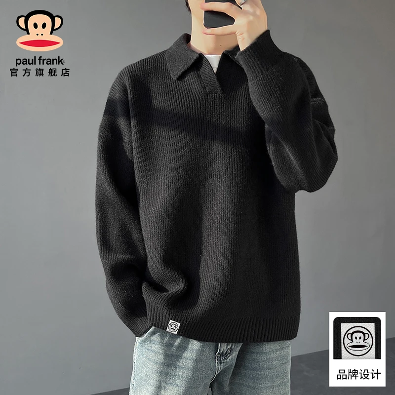 PaulFrank/大嘴猴黑色潮流翻领毛衣男2025秋冬新款宽松休闲针织衫
