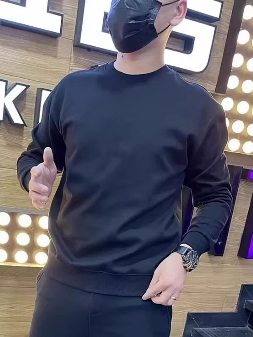 高端简约纯色卫衣男士秋季新款圆领修身长袖T恤男女百搭打底上衣