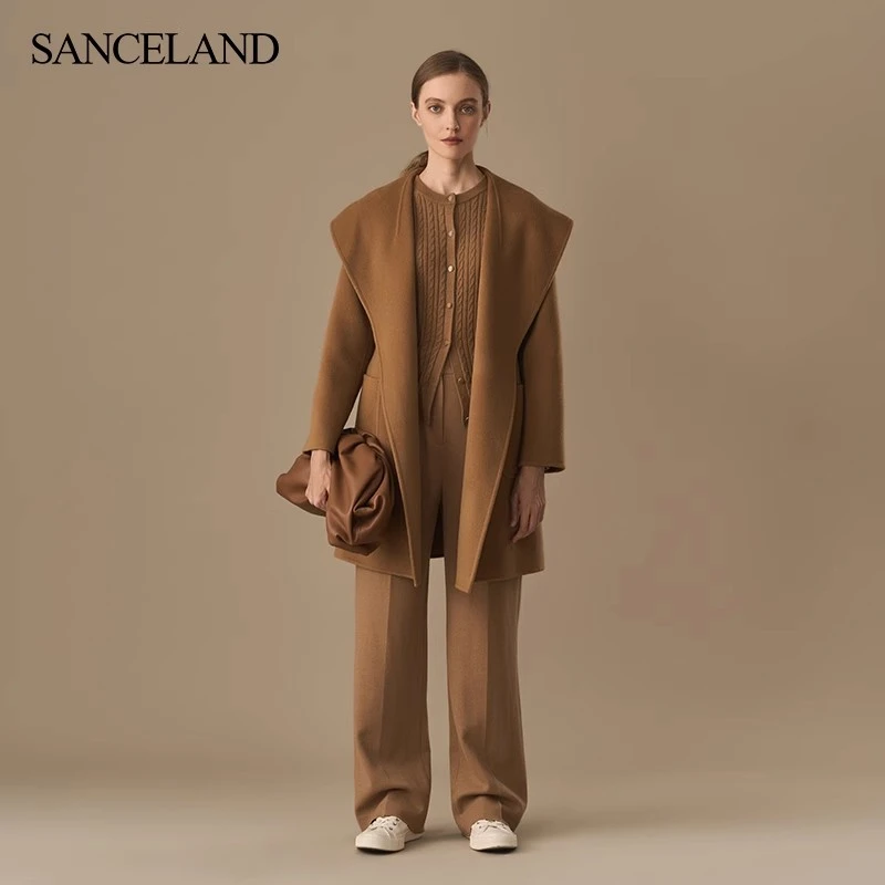 SANCELAND/三石一澜冬大衣浴袍款气质连帽中长款双面呢SG47123068