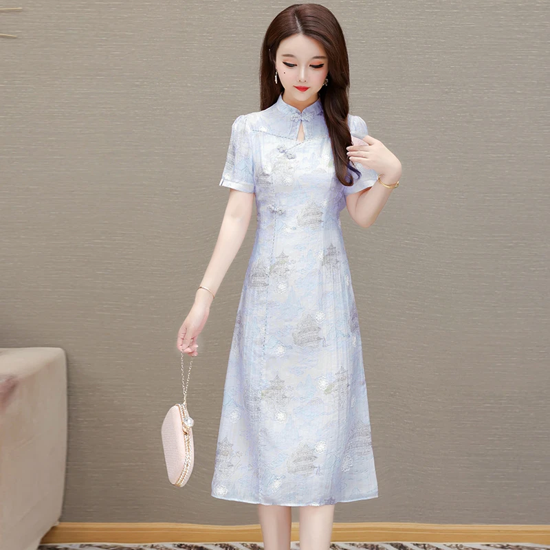 拉夏贝尔高端新中式改良旗袍女2025夏季国风印花小个子连衣裙子