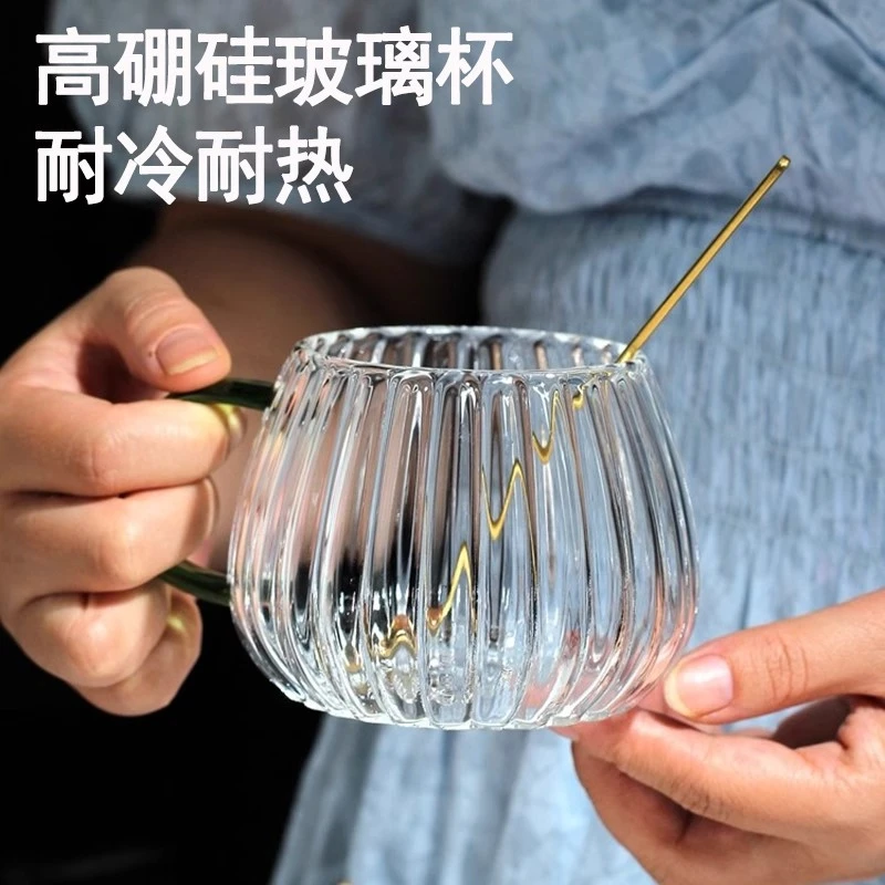 高硼硅玻璃咖啡杯耐热防爆水杯女花茶杯透明带手柄办公室马克杯子