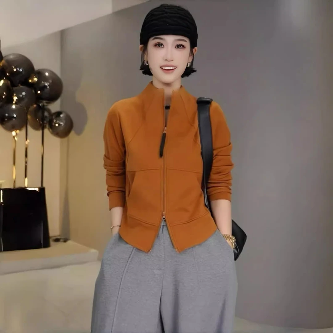 拉夏贝尔极简风开衫立领长袖卫衣女秋冬2025新款显瘦百搭短款上衣