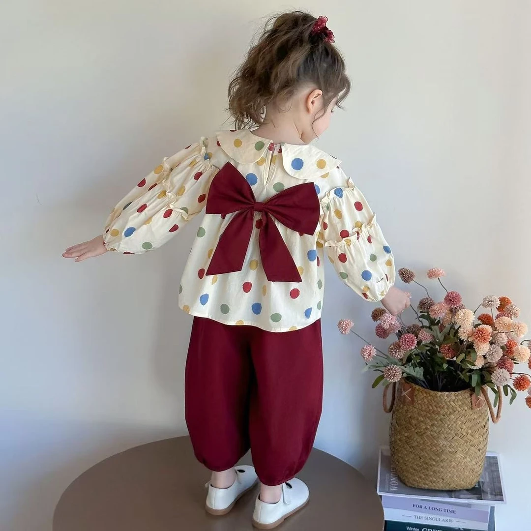 女小童韩版套装春秋款女宝宝蝴蝶结长袖秋装小女孩洋气时髦两件套