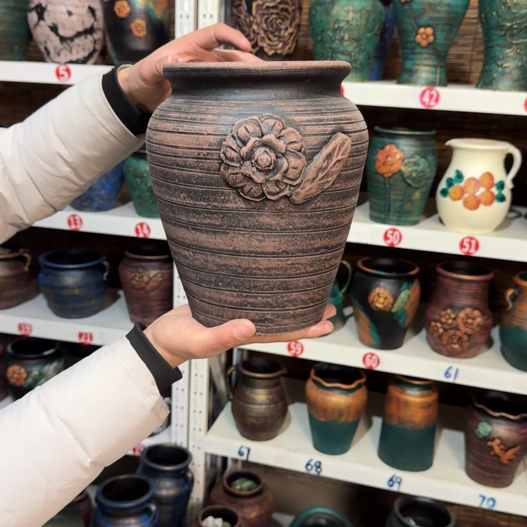 红陶红陶浮雕花盆炸炸炸