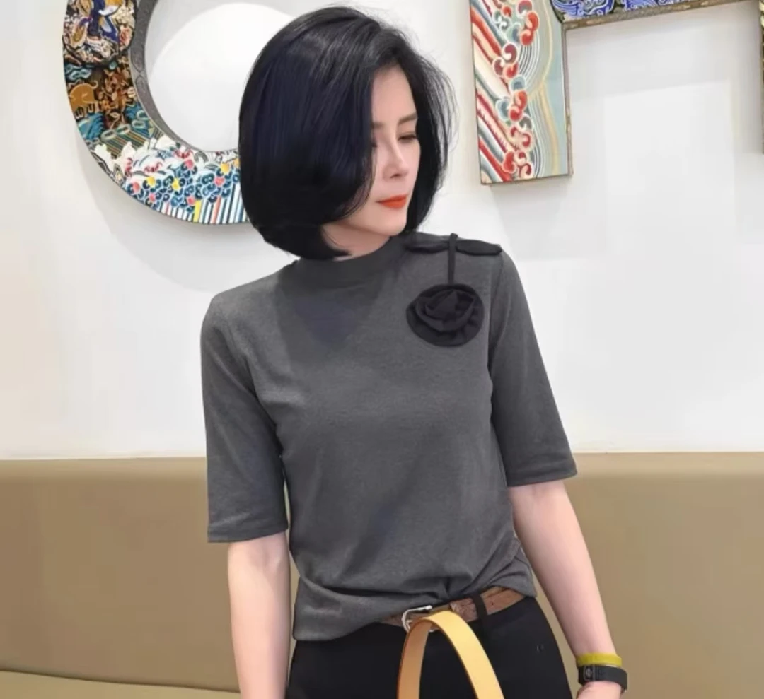 【黑玫瑰-灰】秋冬季针织衫套头花朵半高领中袖宽松女装显瘦百搭上